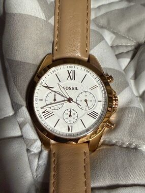 Fossil Gold-Tone Watch with Tan Leather Band